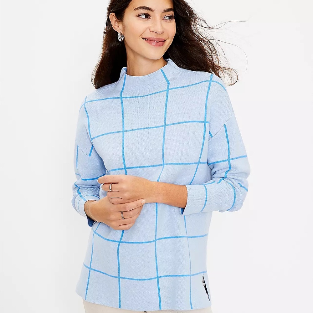 NWT Petite M Windowpane Sky Blue Sweater